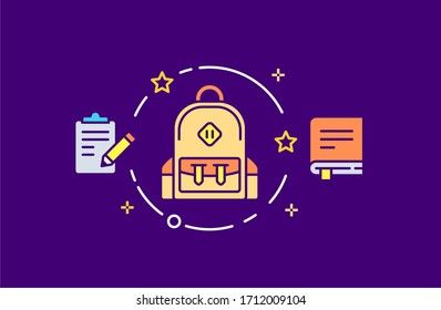 Study, Unterrichtsillustration beinhaltet Schulrucksack, Buch, Testform-Symbole in flachem Stil. Design-Konzept der Vektorillustration Illustration einzeln auf Farbhintergrund für Website und mobile Apps.