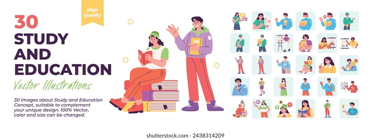 Study and Education Illustration. Mega Set. Collection scenes about men and women reading books, studying, teaching, and playing on laptops. Vector Illustration