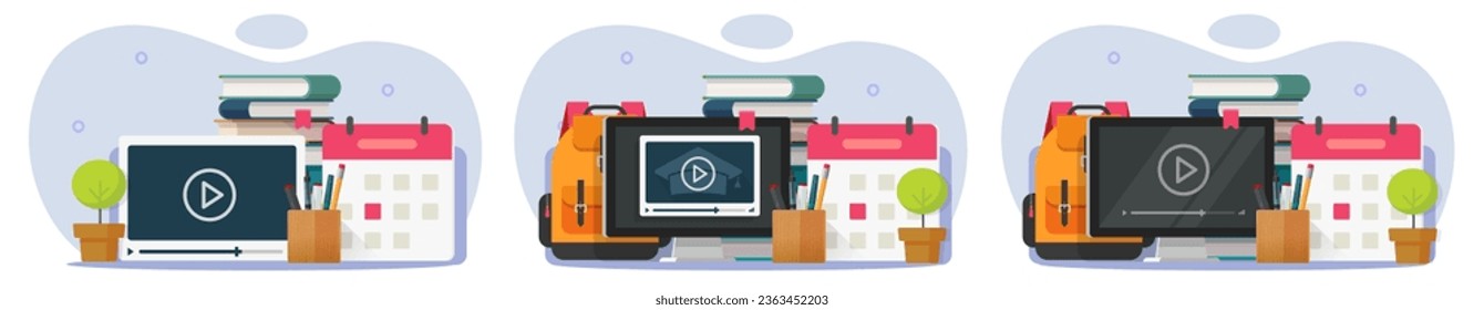 Enseñanza de estudios en línea escuela virtual webinar icono gráfico vectorial, curso de formación de aprendizaje digital de vídeo distancia remota de la observación de PC de computadoras, conjunto de tecnología de formación de lecciones de Internet