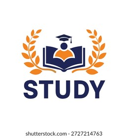 Estudie el logotipo educativo, la gorra de graduación y el libro dentro de la corona de laurel