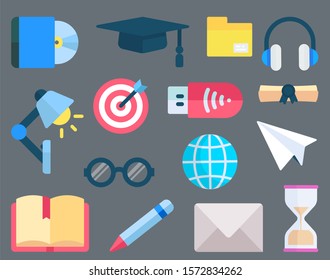 Study electronic equipment, reading symbol, education sign. Graduate hat, headset and lamp, target icon, flash drive, page and glasses, book vector