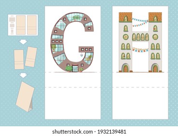 Study English alphabet. Letter G, H in house shape. Printable worksheet. Print, cut, fold, play. Horizontal lanscape page