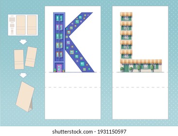 Study English alphabet. Letter K, L in house shape. Printable worksheet. Print, cut, fold, play. Horizontal lanscape page