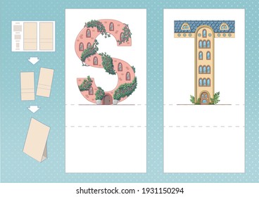 Study English alphabet. Letter S, T in house shape. Printable worksheet. Print, cut, fold, play. Horizontal lanscape page