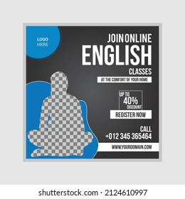 Study English Language online social media post design template. Advertising social media posts with customized layers. Promotional social media posts for advertising.