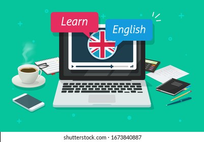 Study english online on laptop computer or education of foreign language lesson on pc on desk table vector flat cartoon illustration, internet learning courses class studying english workplace modern