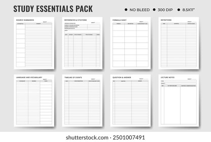 Study Essential Pack Bundle Template, Study Planner, Schule, Collage, High School und Semester Planner.