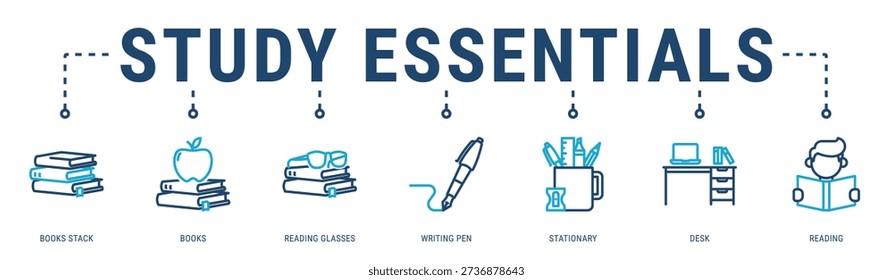 Study Essentials web banner icon vector illustration featuring Books Stack, Books, Reading Glasses, Writing Pen, Stationary and Desk