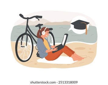 Study everywhere isolated cartoon vector illustrations. Girl in headphones and laptop studying online in the nature, distance learning, flexible schedule, virtual education vector cartoon.