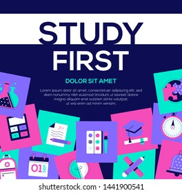 Study First - Colorful Flat Design Style Web Banner With Copy Space For Text. A Composition With Bright Images, Academic Cap, Calendar, Stopwatch, Test, School Bag, Calculator, Flask. Education Theme