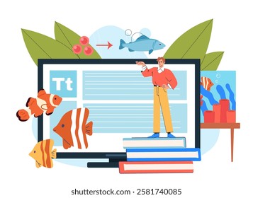 Study of fish. Man near reed and blue fishes near computer screen. Anatomy and biology. Wildlife and aquatic ecosystem. Oceanographer studying underwater world. Flat vector illustration