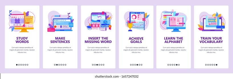 Study foreign language mobile phone app. Education online technology, learn language and vocabulary. Vector banner template for website and mobile development. Web site design illustration.