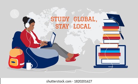 Study global, stay local, vector banner. Young female student  learns with laptop, listening to audio books, at world map. Distance education, digital library, safe online studying from home, concept.