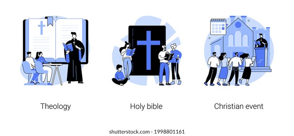 Study of god abstract concept vector illustration set. Theology and holy bible, christian event, theological lectures, sunday school, church priest, sunday mass, pilgrimage abstract metaphor.