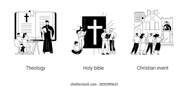 Study of god abstract concept vector illustration set. Theology and holy bible, christian event, theological lectures, sunday school, church priest, sunday mass, pilgrimage abstract metaphor.