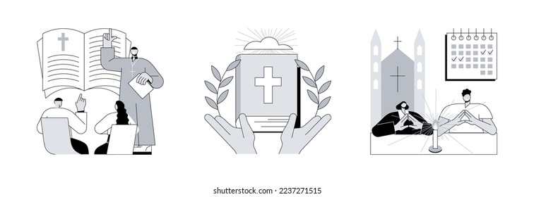 Estudio de buen conjunto de ilustraciones vectoriales conceptuales abstractas. Teología y biblia sagrada, acto cristiano, charlas teológicas, escuela de domingo, sacerdote de iglesia, misa de domingo, metáfora abstracta de peregrinación.