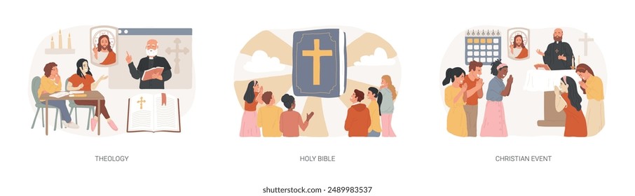 Study of god isolated concept vector illustration set. Theology and holy bible, christian event, theological lectures, sunday school, church priest, sunday mass, pilgrimage vector concept.