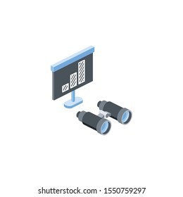 Study graphics analytics binoculars. Vector 3d isometric, color web icon, new flat style. Creative illustration design, idea for infographics.