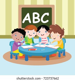 Study Group Kids Cartoon Vector Illustration