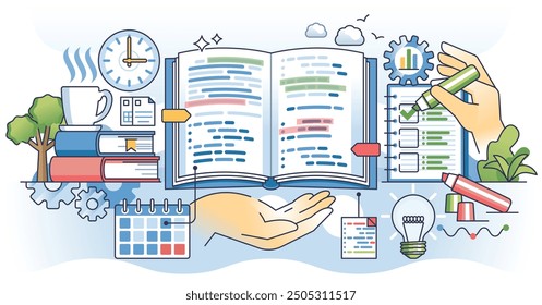 Study habits for effective and productive learning outline hands concept. Best environment for focused education without distractions vector illustration. Work efficiency with good task management.