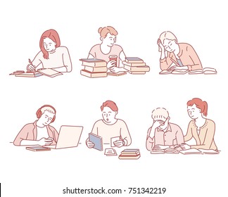 Study Hard Students Character Hand Drawn Illustrations. Vector Doodle Design 