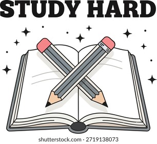 Estudie texto duro con un libro abierto y una pegatina de Vector con lápices cruzados para motivarse en la educación.