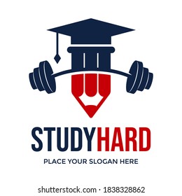 Study hard vector logo template. This design use barbell and student symbol. Suitable for education.