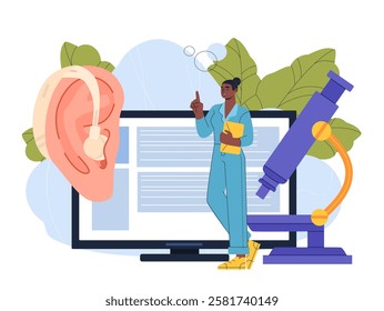 Study of hearing. Woman in medical uniform near microscope and large ear. Healthcare and medicine. Otolaryngologist studying hearing. Diagnosis and treatment. Flat vector illustration