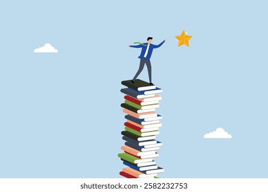 study help reach goal and success, clever entrepreneur ascends pile of books to achieve objective