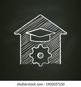 Study at home chalk icon. Organization of the learning process. Home education concept. Distant remote teaching and homeschooling. Isolated vector illustration on chalkboard