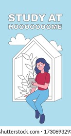 Study at home girl vector illustration flat style stories