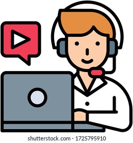 Studium zu Hause Ikone, Mann mit Kopfhörer Video auf Laptop anschauen