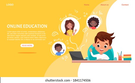 Study at home, online school education. Cute schoolboy using laptop. Web courses or tutorials, software for learning.  Vector flat cartoon illustration with hand-drawn doodle elements.