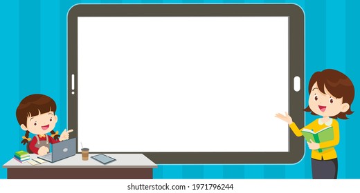 Study at home, online test, distance learning concept. Children working at laptop notebook, smartphone doing school homework, coronavirus quarantine.online learning concept