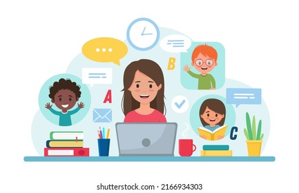  Study at home, online test, distance learning concept.Teacher teaches children online. 
Online learning.Flat style.Vector illustration. 