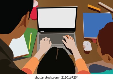 study at home with parents. Online learning of home schooling using computer and internet technology communication