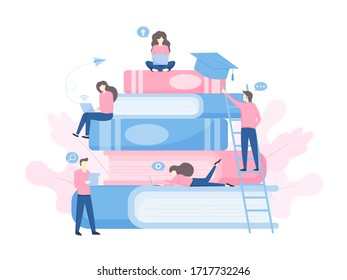 Study from home, Students using laptop and tablet for study from online video platforms educational. Internet studying tutorials. Vector Illustration for online courses, E-learning, online education.