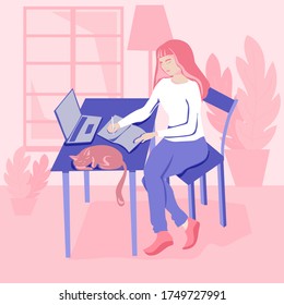 Study at home, work at home concept design. Freelance woman working at her house. Online study aducation. Trendy vector illustration on pink background.