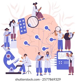 Study Human Brain with Laboratory Scientist Do Medical Research Vector Illustration