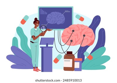 Estudio del cerebro humano. Mujer en uniforme médico con lupa analiza órgano interno. Anatomía y biología. Atención de salud y medicina, tratamiento. Ilustración vectorial de dibujos animados