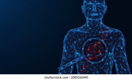 Die Untersuchung menschlicher DNA. Die Spirale eines Mikromoleküls unter einer Vergrößerungsgläser. Ein Low-Poly-Modell des Torso von miteinander verbundenen Elementen. Blauer Hintergrund.