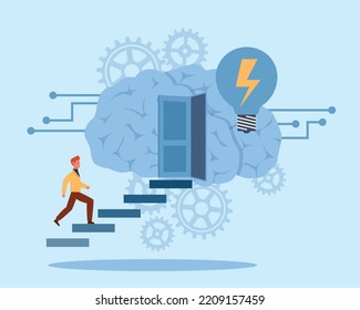 Study of human thoughts, emotions. human head with gears and door, open mind, self education and research process, psychology and mental health concept. Vector cartoon flat concept