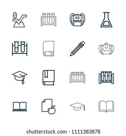 Study icon. collection of 16 study outline icons such as backpack, mathematical square, book, paper and apple, test tube, pen. editable study icons for web and mobile.