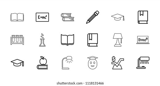 Study icon. collection of 18 study outline icons such as book, mathematical square, graduation hat, table lamp, apple on book. editable study icons for web and mobile.