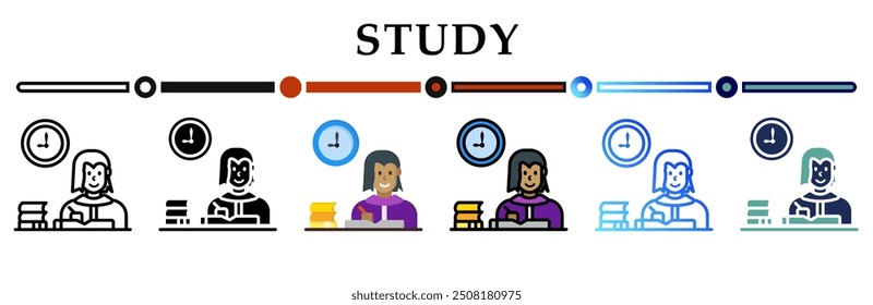 Study icon on banner web icons collection. 6 Various style icons. For sign, symbol, element, presentation, infographic or web graphics. Vector Illustration.