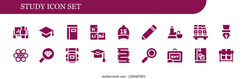  study icon set. 18 filled study icons. Simple modern icons about  - Presentation, Mortarboard, Book, Periodic table, Cap, Pencil, Flask, Bookshelf, Pen, Chemistry, Magnifying glass