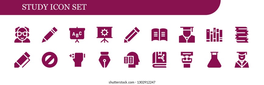  study icon set. 18 filled study icons.  Simple modern icons about  - Professor, Pencil, Blackboard, Presentation, Book, Graduate, Books, Pen, Protractor, Intellectual, Flask