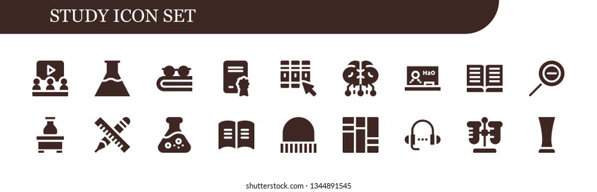 study icon set. 18 filled study icons.  Collection Of - Learning, Flasks, Book, Diploma, Library, Brain, Blackboard, Zoom out, Flask, Pencil, Cap, Books, Lesson, Test tube, Glass