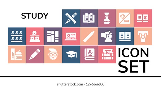  study icon set. 19 filled study icons. Simple modern icons about  - Pencil, Classroom, Books, Boy, Graduation, Book, Graduates, Blackboard, Flask, Demonstration, Zoom