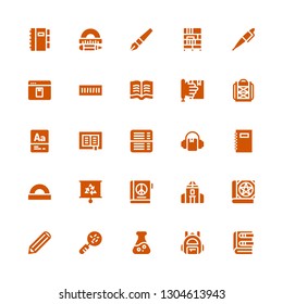 study icon set. Collection of 25 filled study icons included Book, Backpack, Flask, Loupe, Pencil, School, Presentation, Protractor, Notebook, Audiobook, Vocabulary, Learning